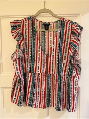 Wrangler Red, Green & White Striped Ruffle Sleeve Button Blouse